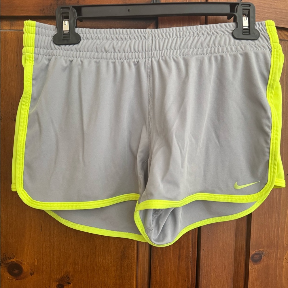 Nike DRI-FIT gray w/yellow midrise running shorts Wide waistband. Size XS NWOT